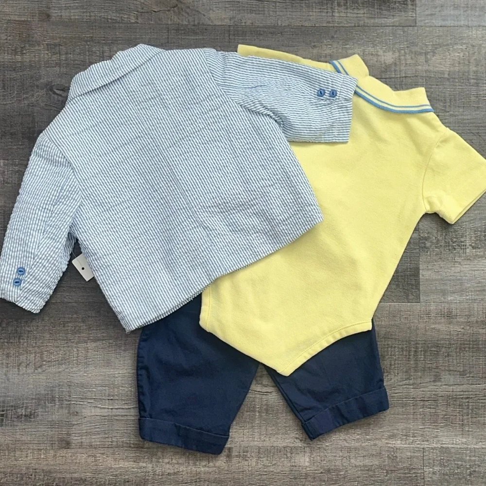 New Baby Boy Size 3-6 Months Puppy Onesie, Blue Slacks & Blazer-Style Coat Set